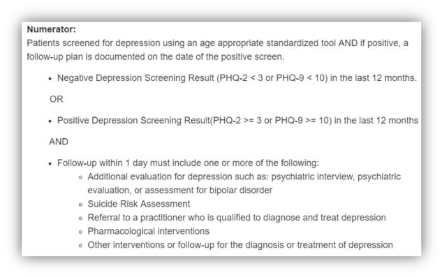 Screening for Depression and Follow-Up Plan (NQF 0418) - Numerator info snippet.