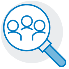 A magnifying glass with three individuals, representing the use and evaluation of broader data sets. 