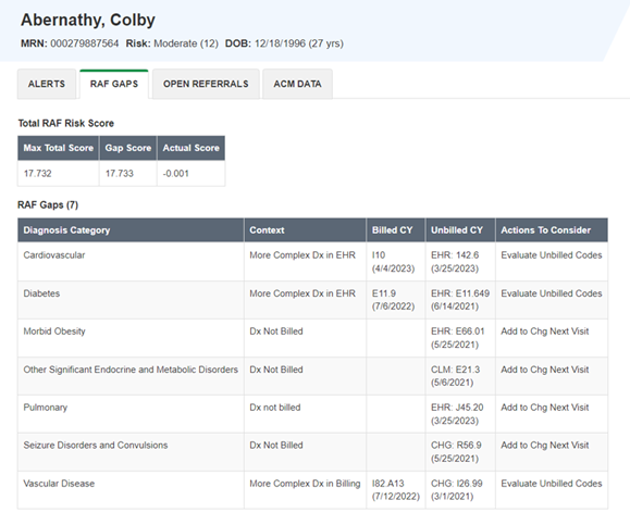 DRVS EHR Plug-In displaying a HCC/RAF (Risk Adjustment Factor) coding guide.