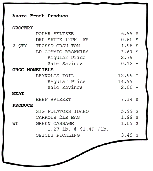Azara Fresh Produce receipt, representing a request for payment for a clinical service 